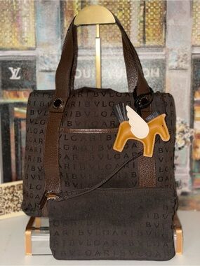Vintage Bvlgari Brown Logo Jacquard Tote Bag w Matching Pouch Y2K Italy